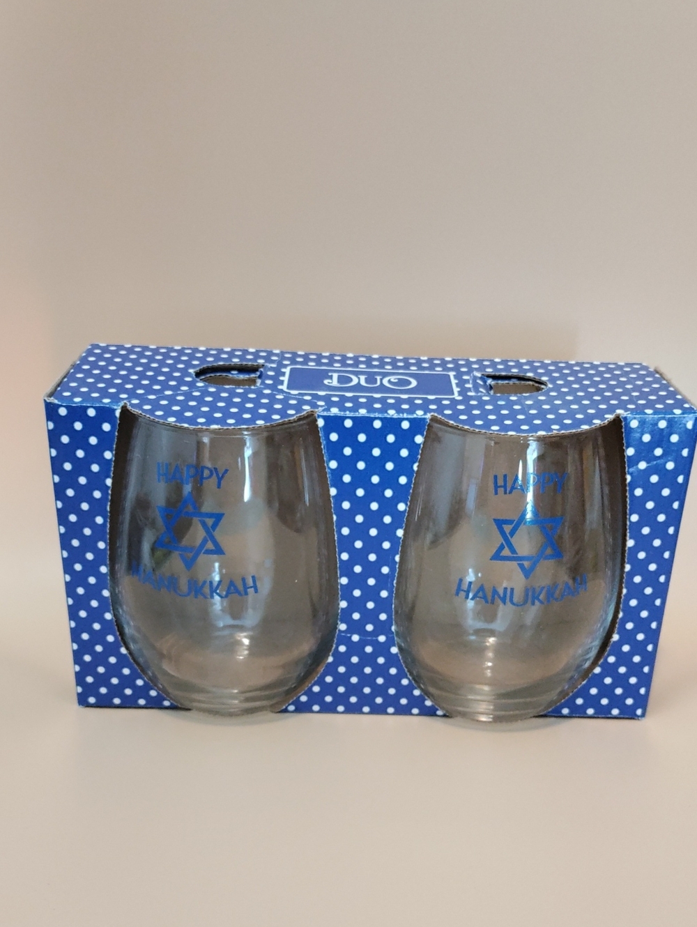 DUO Blue Polka Dot Hanukkah Stemless Wine Glasses - Set of 2